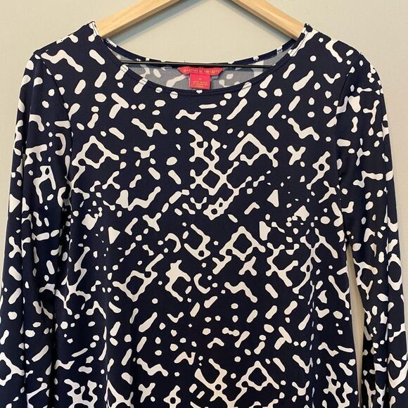 Sunny Leigh Medium Navy & White Abstract Pattern 3/4 Sleeve Flattering Dress - Picture 3 of 9